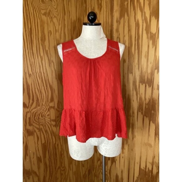 KNOX ROSE Size Medium Sleeveless Knit Blouse Red Eyelet Embroidered Boho - Picture 1 of 7